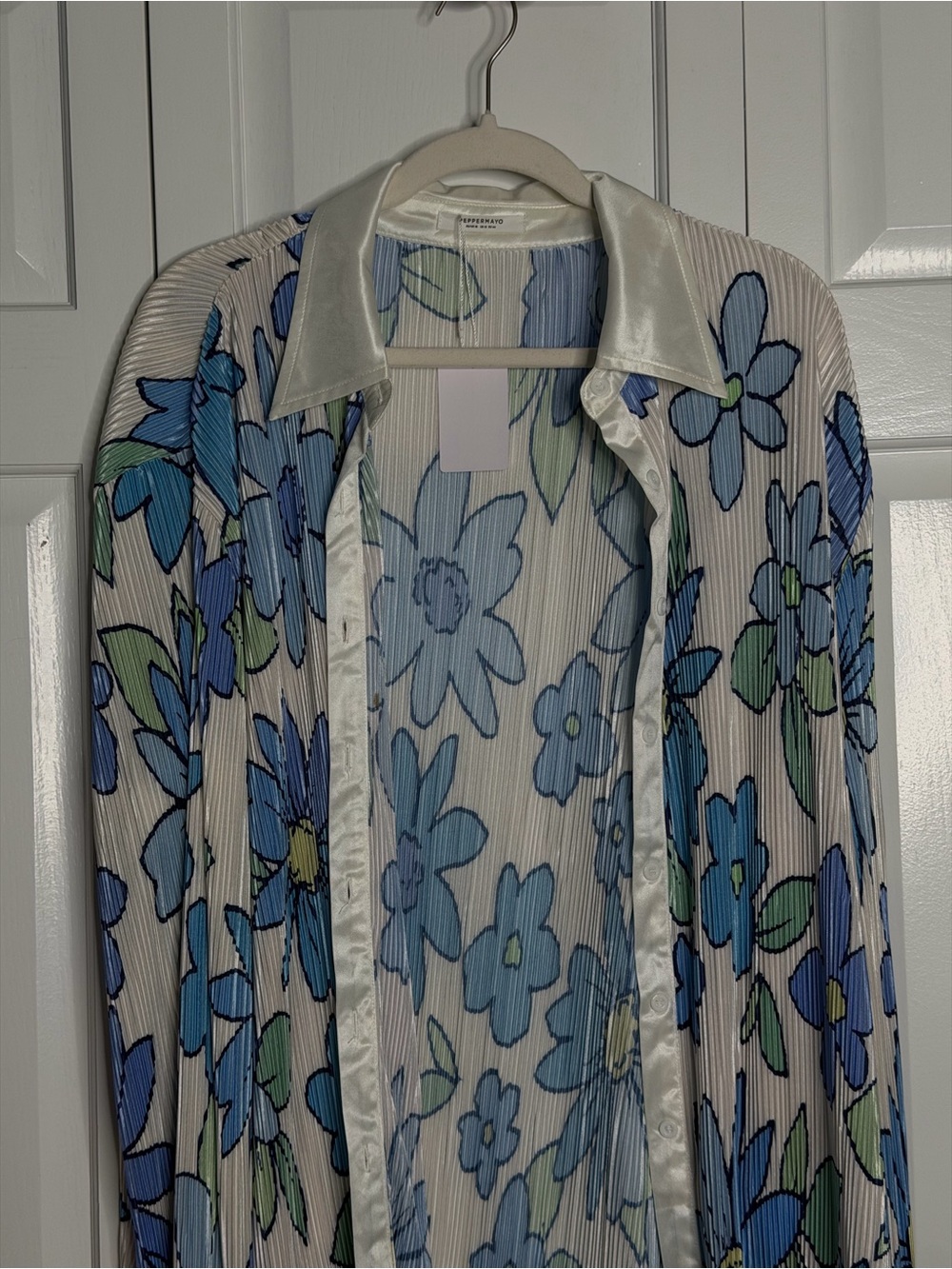 Peppermayo white blue Floral print ribbed Blouse